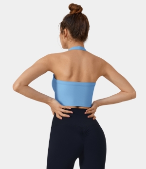 Halara Halter Backless Solid Yoga Sports Bra Women's Tops Bright Blue | AYMTRHX-85
