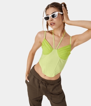 Halara Halter Lace Up Adjustable Strap Shirred Cropped Tank Women's Tops Lettuce Green | DUOLEXW-46