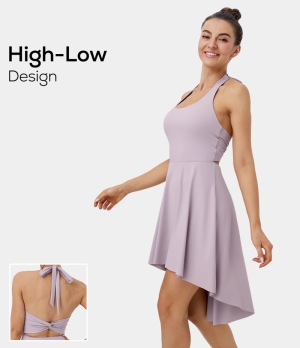 Halara Halter Lace Up Backless Twisted Side Pocket 2-in-1 High Low Dance Women's Dress Lilac Purple | 890374-IQO