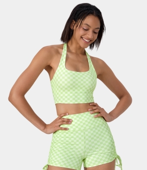 Halara Halter Neck Backless Plaid Cropped Yoga Tank Women's Tops Lime Cream | AFBEGPK-78