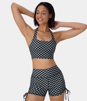 Halara Halter Neck Backless Plaid Cropped Yoga Tank Women's Tops Sleet | KUXOFGE-84