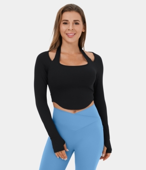 Halara Halter Thumb Hole Asymmetric Hem Cropped Yoga Sports Women's Tops Black | MUSJVIZ-94