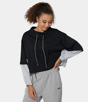 Halara High Boat Neck Drawstring Patchwork Sports Sweatshirt Women's Tops Black | TLAFUCW-67