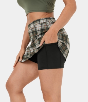 Halara High Waisted 2-in-1 Side Pocket Plaid A Line Mini Casual Women's Skirts Dark Green Plaid | 897142-YZC