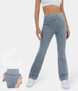 Halara High Waisted Back Pocket Washed Stretchy Knit Denim Slight Flare Women's Pants Washed Denim Light Blue | 795281-FEX