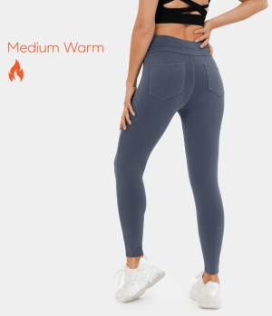 Halara High Waisted Back Side Pocket Fleece Casual Women's Leggings Nightshadow Blue | 165042-LEM