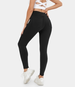 Halara High Waisted Back Side Pocket Fleece Casual Women's Leggings Black | 836190-BXT