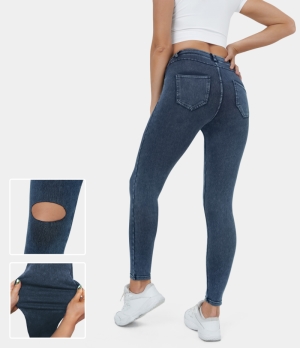 Halara High Waisted Back Side Pocket Ripped Stretchy Knit Denim Casual Women's Leggings Moonlit Ocean | 248316-GZK