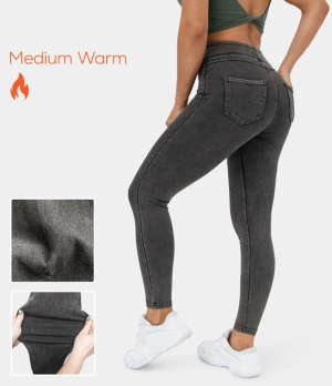 Halara High Waisted Back Side Pocket Stretchy Knit Denim Fleece Casual Women's Leggings Denim Black | 168547-DAY