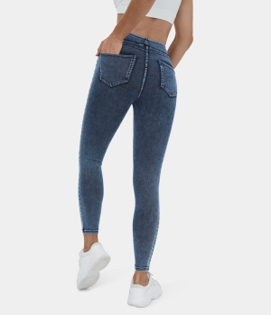Halara High Waisted Back Side Pocket Stretchy Knit Denim Casual Women's Leggings Key Largo | 461289-CIH