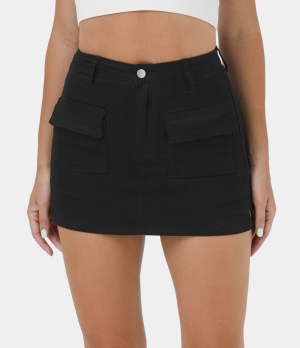 Halara High Waisted Belted Button Zipper Pocket 2-in-1 A Line Casual Women's Skirts Black | 316078-IAK