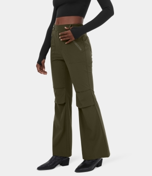 Halara High Waisted Belted Button Zipper Pocket Flare Casual Cargo Women's Pants Forest Night | 659271-WXN
