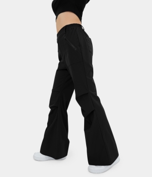 Halara High Waisted Belted Button Zipper Pocket Flare Casual Cargo Women's Pants Black | 942803-VCN