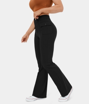 Halara High Waisted Button Side Flap Pocket Flare Casual Cargo Women's Pants Black | 092546-EDS