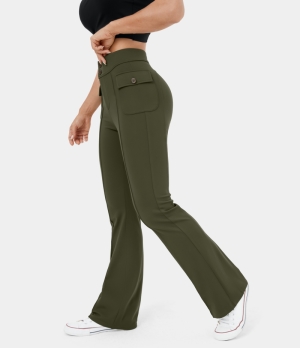 Halara High Waisted Button Side Flap Pocket Flare Casual Cargo Women's Pants Ivy Green | 438760-GMA