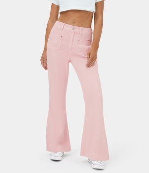 Halara High Waisted Button Zip Side Pocket Flare Casual Denim Women's Pants Crystal Pink | 365794-IWZ