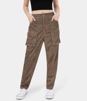 Halara High Waisted Button Zipper Flap Pocket Plaid Corduroy Casual Cargo Women's Pants Dark Brown Plaid | 863709-WAR