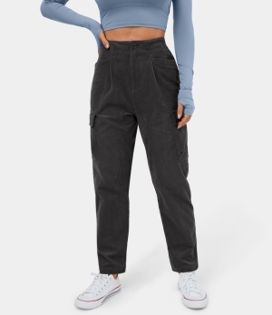 Halara High Waisted Button Zipper Multiple Pockets Corduroy Casual Women's Pants Dark Grey | 219356-UHK