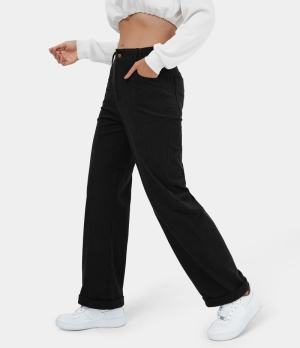 Halara High Waisted Button Zipper Pocket Corduroy Wide Leg Casual Women's Pants Black | 693582-SKI