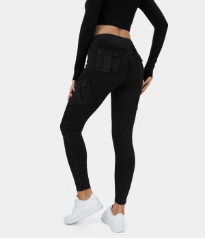Halara High Waisted Cargo Pocket Skinny Stretchy Knit Denim Casual Women's Leggings Black | 035294-KHY