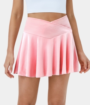 Halara High Waisted Crossover 2-in-1 Side Pocket Velvet Flare Casual Women's Skirts Pink | 734108-TOH