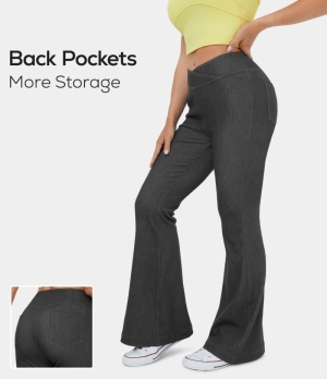 Halara High Waisted Crossover Back Pocket Stretchy Knit Denim Casual Flare Women's Pants Black | 236940-CDQ