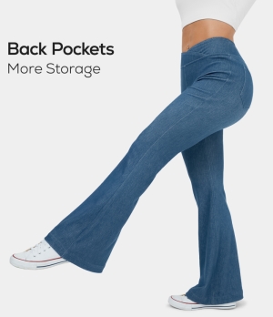 Halara High Waisted Crossover Back Pocket Stretchy Knit Denim Casual Flare Women's Pants Paeonia Ocean Blue | 439152-TOH