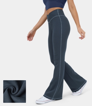 Halara High Waisted Crossover Contrast Trim Waffle Casual Flare Women's Leggings Dark Slate | 280157-VDS