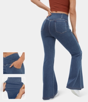 Halara High Waisted Crossover Pocket Washed Stretchy Knit Denim Casual Super Flare Women's Pants Washed Denim Dark Blue | 246379-SYE