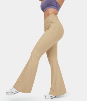 Halara High Waisted Crossover Stretchy Knit Denim Casual Flare Women's Pants Soybean | 097628-ECP