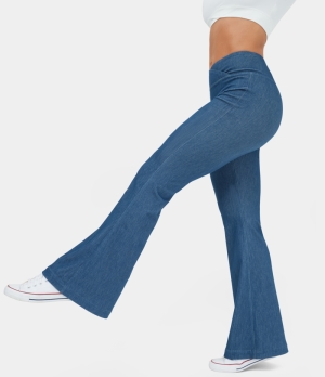 Halara High Waisted Crossover Stretchy Knit Denim Casual Flare Women's Pants Paeonia Ocean Blue | 312578-DWR