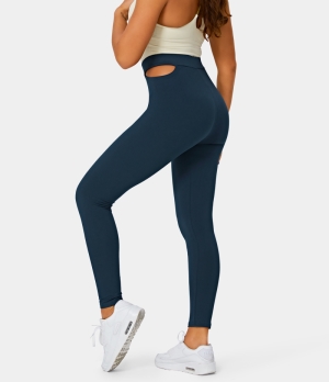 Halara High Waisted Cut Out Plain Full Length Women's Leggings Deep Blue | 376092-QMJ