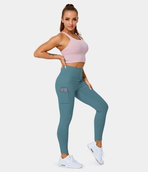 Halara High Waisted Double Pockets Plain 7/8 Women's Leggings Pine Green | 785316-RBJ