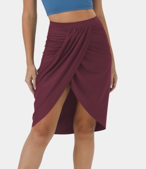 Halara High Waisted Draped Asymmetric 2-in-1 Pocket Casual Women's Skirts New Maroon | 201859-QVC