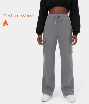 Halara High Waisted Drawstring Multiple Pockets Fleece Straight Leg Casual Cargo Women's Pants Quicksilver | 520397-EAO