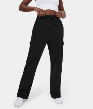 Halara High Waisted Drawstring Multiple Pockets Fleece Straight Leg Casual Cargo Women's Pants Black | 659071-DOZ