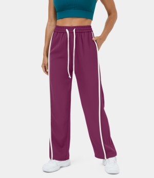 Halara High Waisted Drawstring Side Pocket Color Block Wide Leg Casual Women's Pants Magenta Purple | 108392-WNC
