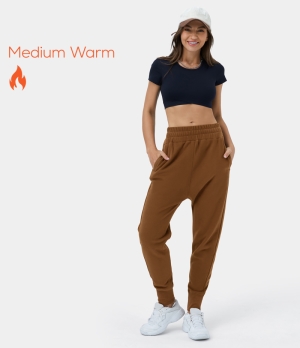 Halara High Waisted Drawstring Side Pocket Ribbed Cuffs Fleece Casual Harem Women's Jogger Coffee | 153907-KPZ