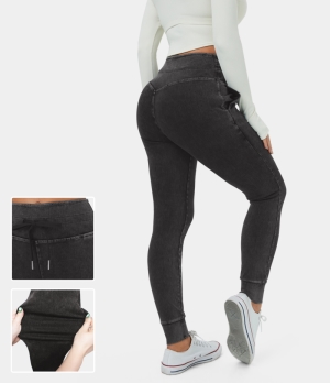 Halara High Waisted Drawstring Side Pocket Washed Stretchy Knit Denim Casual Women's Jogger Washed Denim Black | 271450-DBW