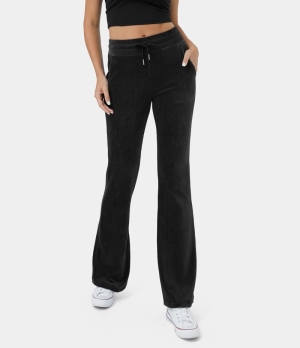 Halara High Waisted Drawstring Side Pocket Flare Casual Corduroy Women's Pants Black | 561309-RJS