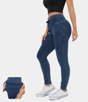 Halara High Waisted Drawstring Side Pocket Washed Stretchy Knit Denim Casual Women's Pants Washed Denim Dark Blue | 567809-OIR