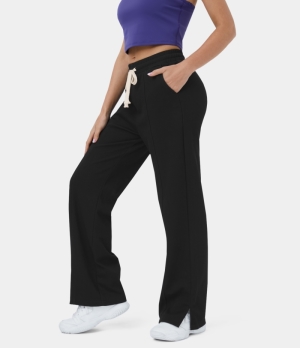 Halara High Waisted Drawstring Side Pocket Split Hem Flare Casual Women's Pants Black | 684507-PRZ