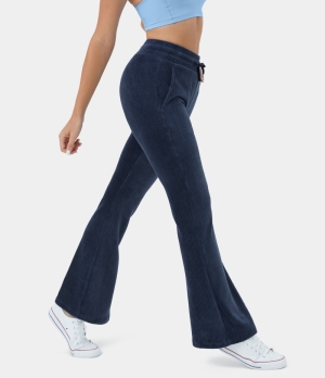 Halara High Waisted Drawstring Side Pocket Flare Casual Corduroy Women's Pants Dark Blue | 721830-ONJ