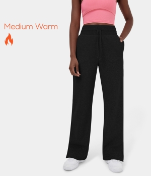 Halara High Waisted Drawstring Side Pocket Split Wide Leg Fleece Casual Women's Pants Black | 934057-ZXY