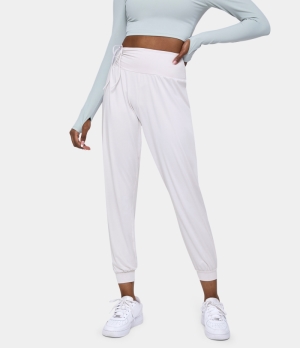 Halara High Waisted Drawstring Side Ruched Plain Women's Pants White | 785410-JWO