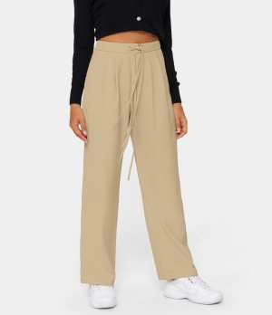 Halara High Waisted Drawstring Zipper Side Pocket Plain Wide Leg Women's Pants Khaki | 364182-GVS
