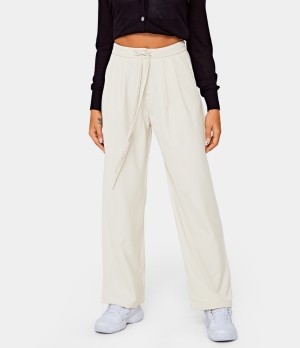 Halara High Waisted Drawstring Zipper Side Pocket Plain Wide Leg Women's Pants Light Beige | 724958-UWQ