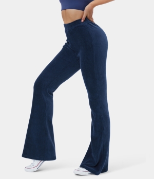 Halara High Waisted Elastic Waistband Flare Casual Corduroy Women's Pants Dark Blue | 592160-NJD