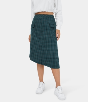 Halara High Waisted Flap Pocket Asymmetric Split Plaid Midi Casual Cargo Women's Skirts Rain Forest Plaid | 712309-GFC