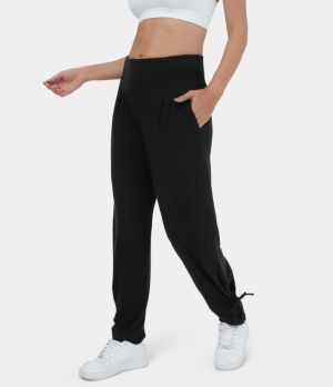 Halara High Waisted Foldover Ruched Side Pocket Lace Up Fleece Harem Casual Women's Pants Black | 249837-QFY